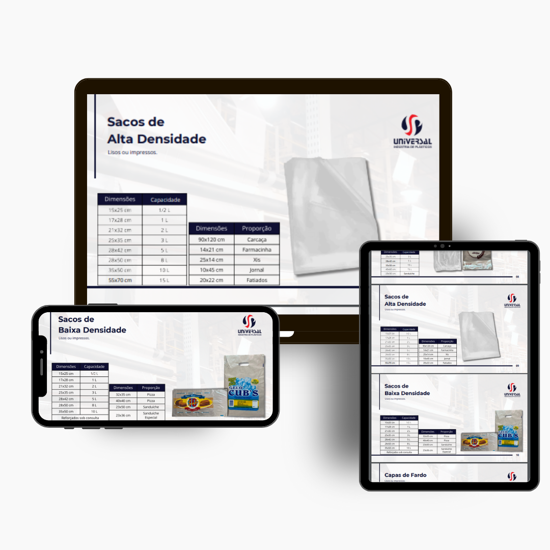 Catálogo Universal Plásticos visualizado em desktop, tablet e mobile